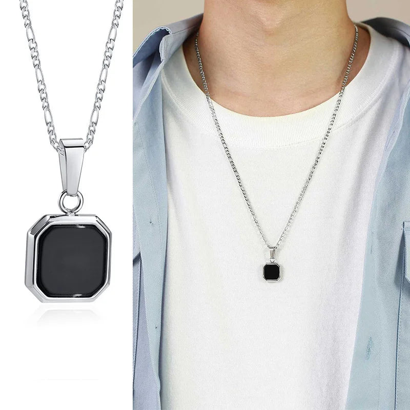 Geometric Square Pendant Necklaces for Men - Dagger & Diamond Black Figaro Silver / 45cm 18inch