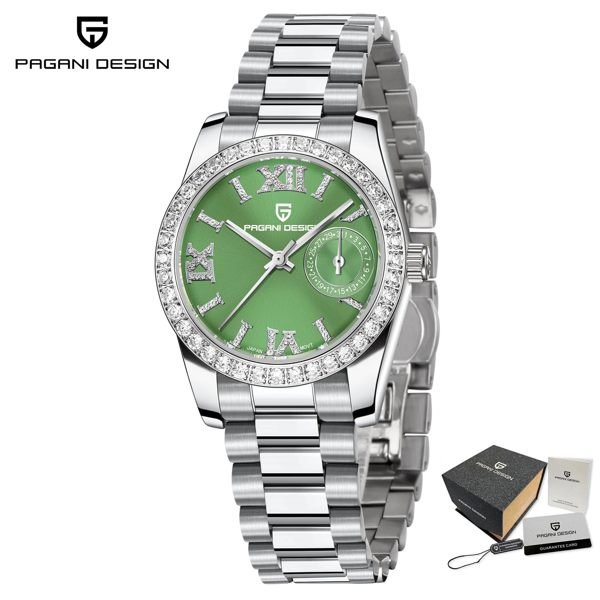 PAGANI DESIGN PD-1776 Exquisite Diamond 32mm Quartz Ladies Watch - Dagger & Diamond Green