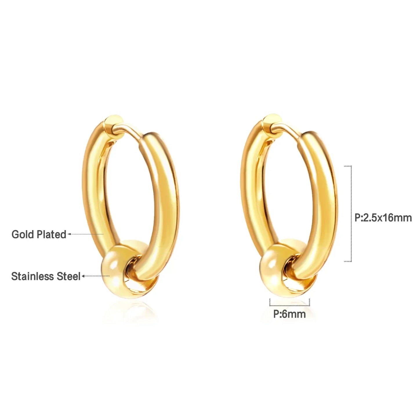 Classic Unisex Small Hoop Earrings - Dagger & Diamond Gold Charm / 8mm