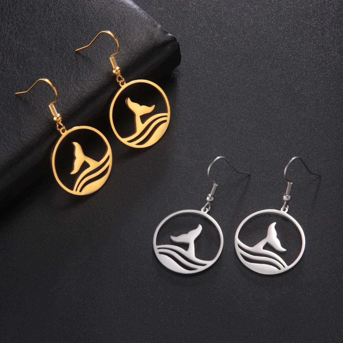 Sea Whale Tail Round Pendant Drop Earrings