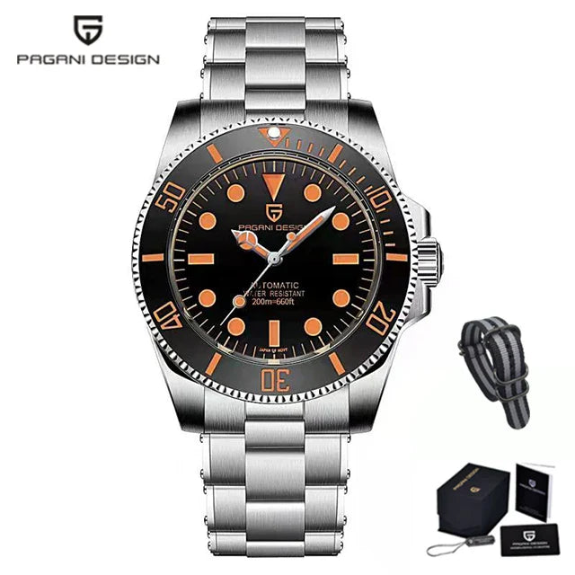 PAGANI DESIGN PD-1694 Ceramic Diver Automatic Watch for Men - Dagger & Diamond Orange