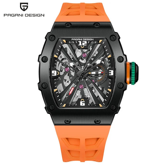 PAGANI DESIGN PD-1738 Tonneau Men's Luxury Quartz Watch - Dagger & Diamond Black Orange