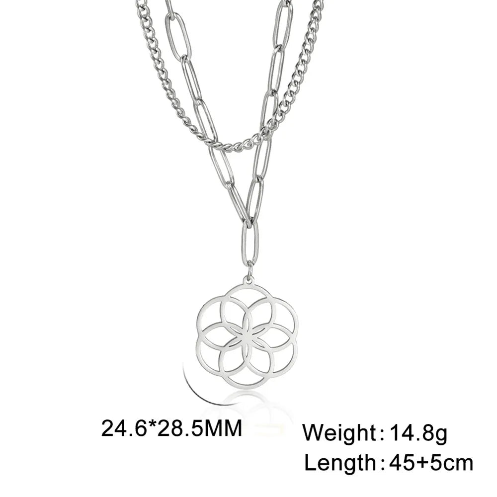 Flower of Life Pendant Paper Clip Curb Layered Necklaces - Dagger & Diamond Silver 1 / 45-50 cm