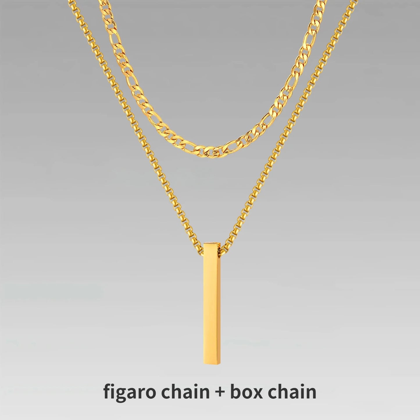 Vertical Bar Pendant Double Chain Necklaces for Men - Dagger & Diamond Gold Figaro + Box Chain