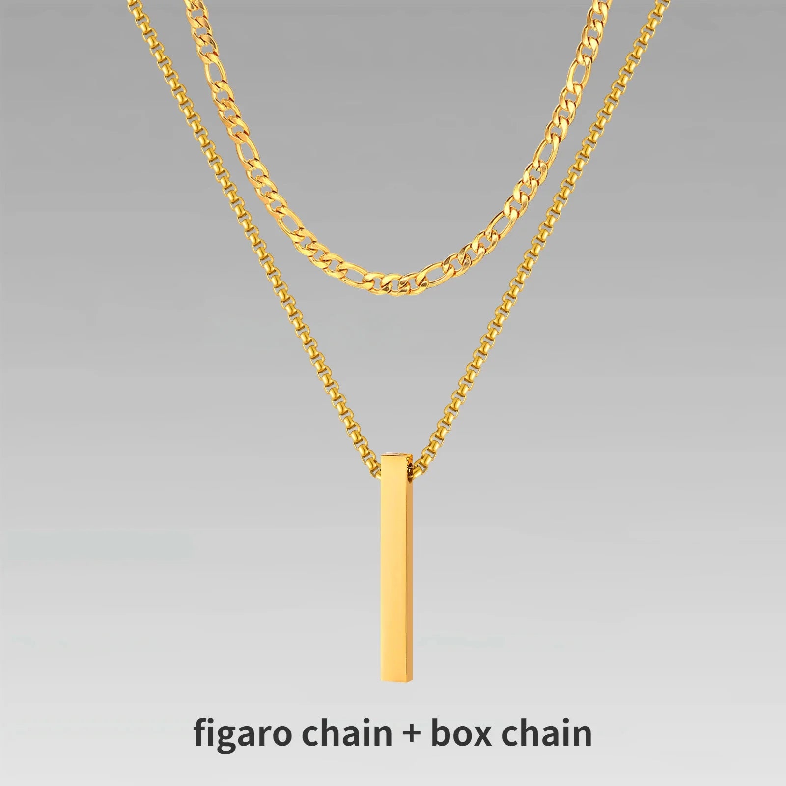 Vertical Bar Pendant Double Chain Necklaces for Men - Dagger & Diamond Gold Figaro + Box Chain