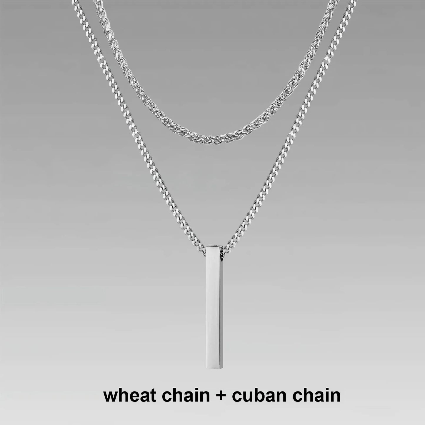 Vertical Bar Pendant Double Chain Necklaces for Men - Dagger & Diamond Silver Wheat + Cuban