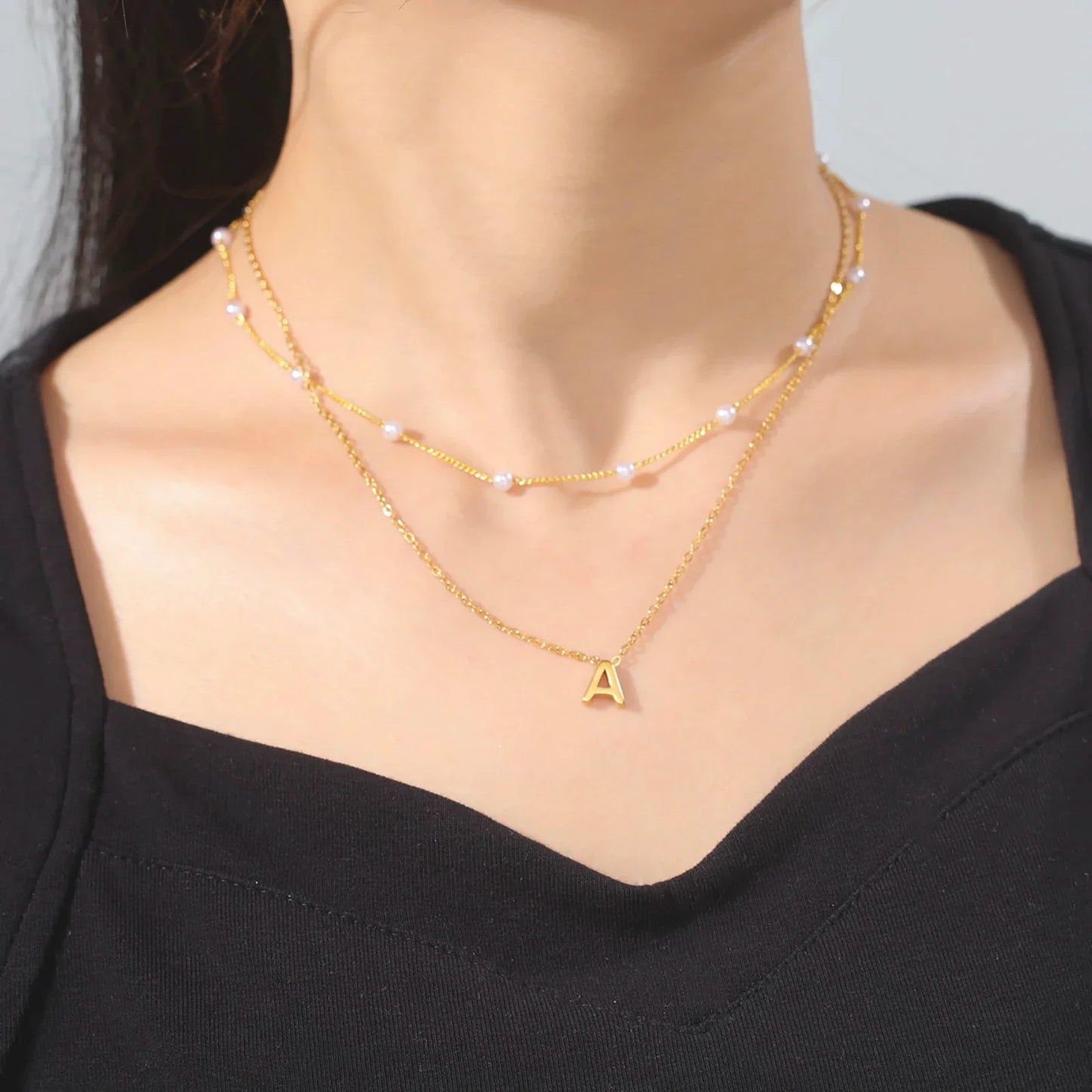 Initial Letter Pearl Double Layer Necklace