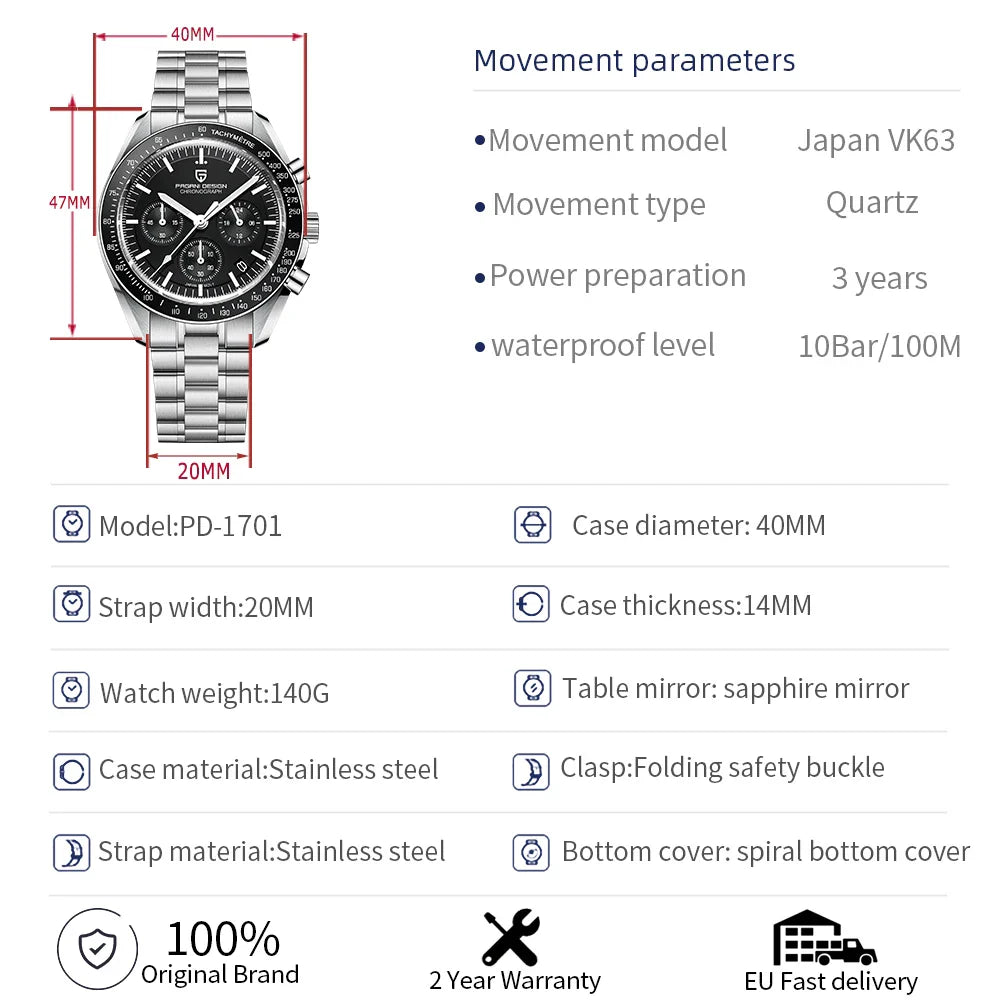 PAGANI DESIGN PD-1701 Moonwatch Luxury Chronograph Quartz Watch For Men - Dagger & Diamond