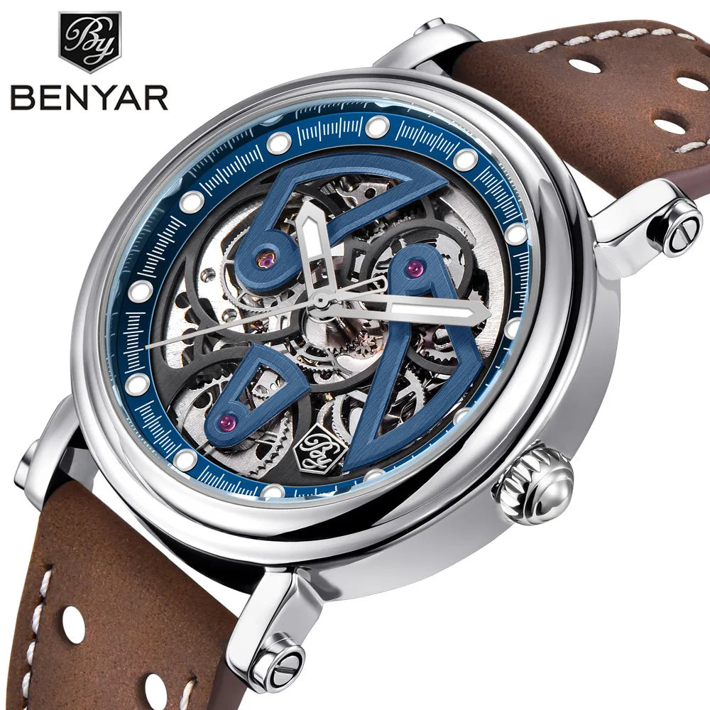 BENYAR BY-5202 Skeleton Automatic Watch for Men - Dagger & Diamond Blue