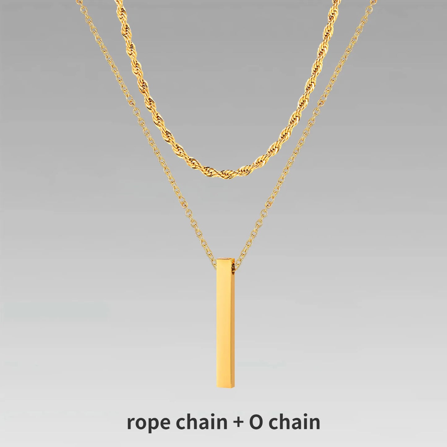 Vertical Bar Pendant Double Chain Necklaces for Men - Dagger & Diamond Gold Rope + O-Chain