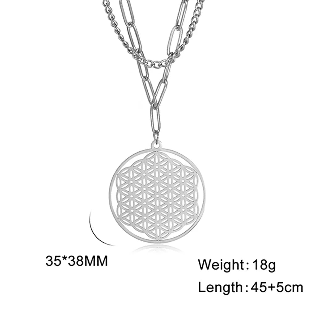 Flower of Life Pendant Paper Clip Curb Layered Necklaces - Dagger & Diamond Silver 3 / 45-50 cm