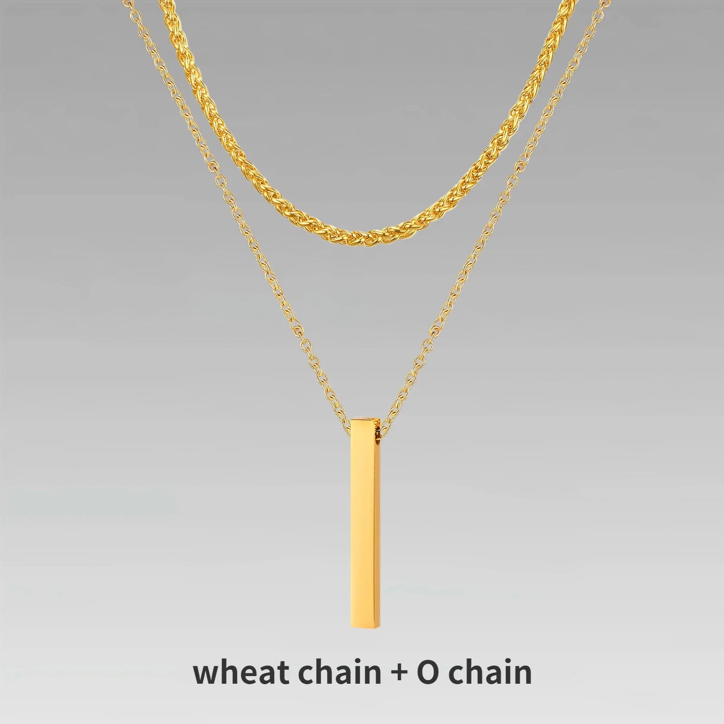 Vertical Bar Pendant Double Chain Necklaces for Men - Dagger & Diamond Gold Wheat + O-Chain