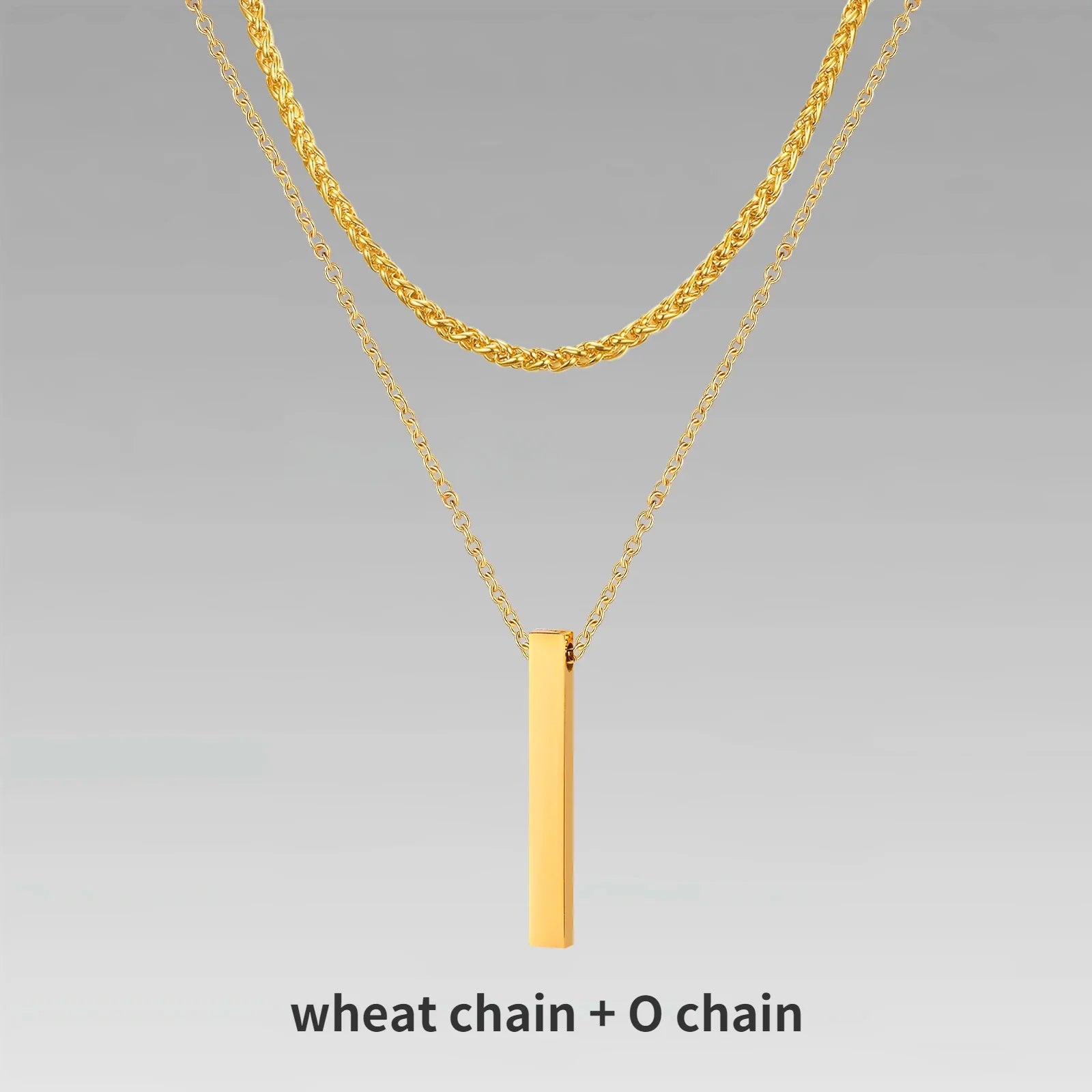 Vertical Bar Pendant Double Chain Necklaces for Men - Dagger & Diamond Gold Wheat + O-Chain