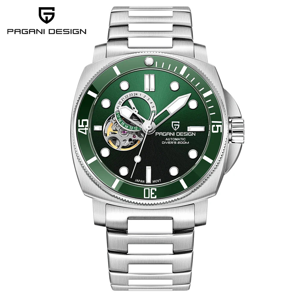 PAGANI DESIGN PD-1736 43MM Ceramic Bezel Mens Automatic Watch - Dagger & Diamond Steel Green