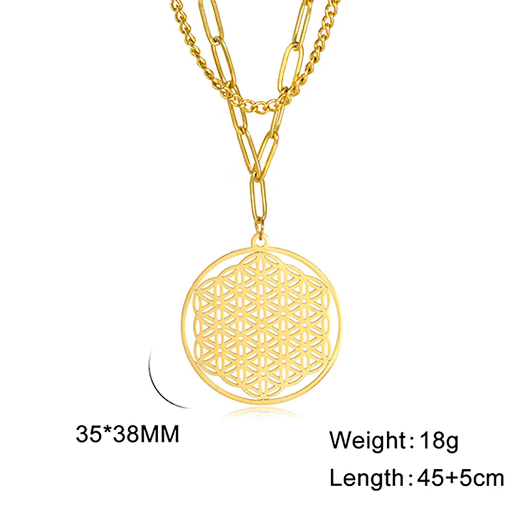 Flower of Life Pendant Paper Clip Curb Layered Necklaces - Dagger & Diamond Gold 3 / 45-50 cm