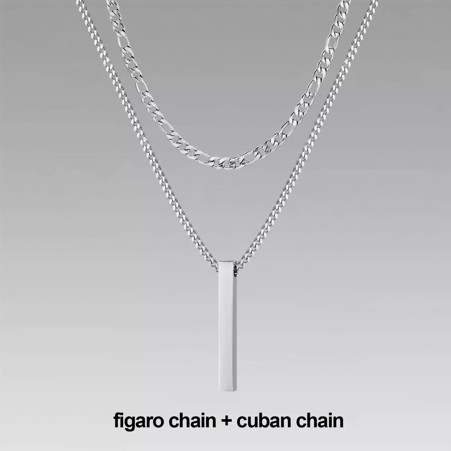 Vertical Bar Pendant Double Chain Necklaces for Men - Dagger & Diamond Silver Figaro + Cuban