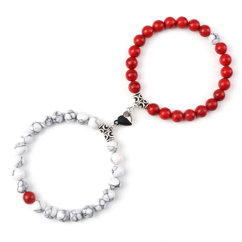 Magnetic Heart Natural Stone Bracelets - Dagger & Diamond White Red