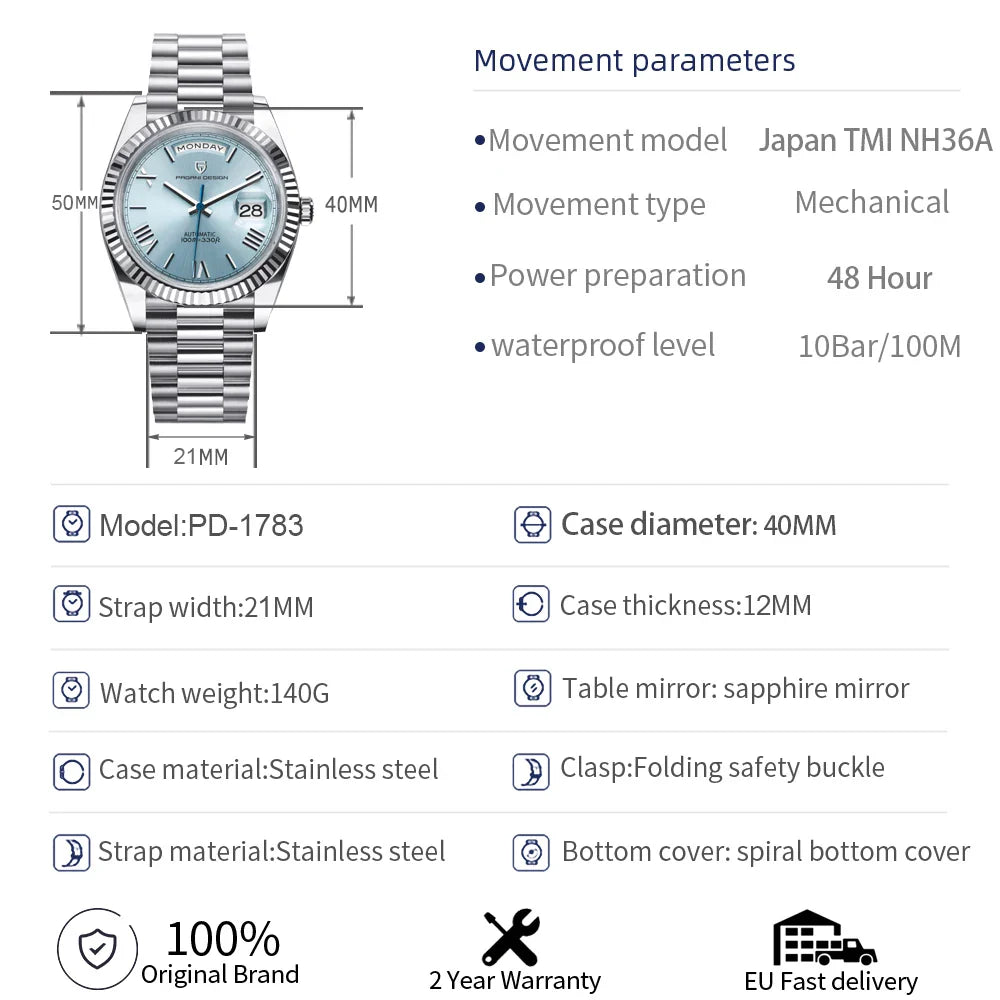 PAGANI DESIGN PD-1783 Week-Date Luxury Automatic Mechanical Watch For Men - Dagger & Diamond