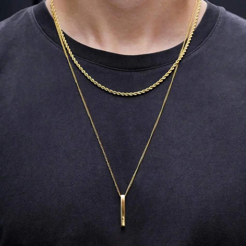 Vertical Bar Pendant Double Chain Necklaces for Men - Dagger & Diamond