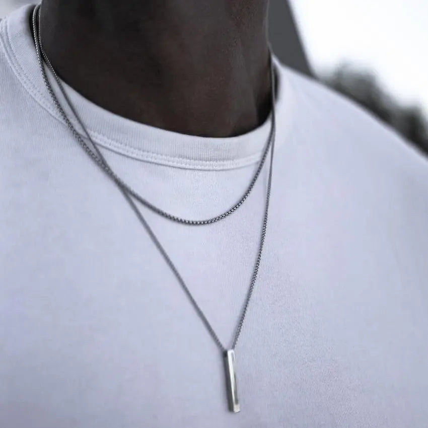 Vertical Bar Pendant Double Chain Necklaces for Men - Dagger & Diamond