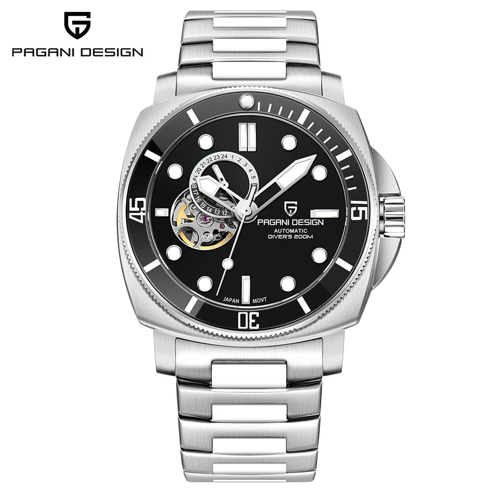 PAGANI DESIGN PD-1736 43MM Ceramic Bezel Mens Automatic Watch - Dagger & Diamond Steel Black