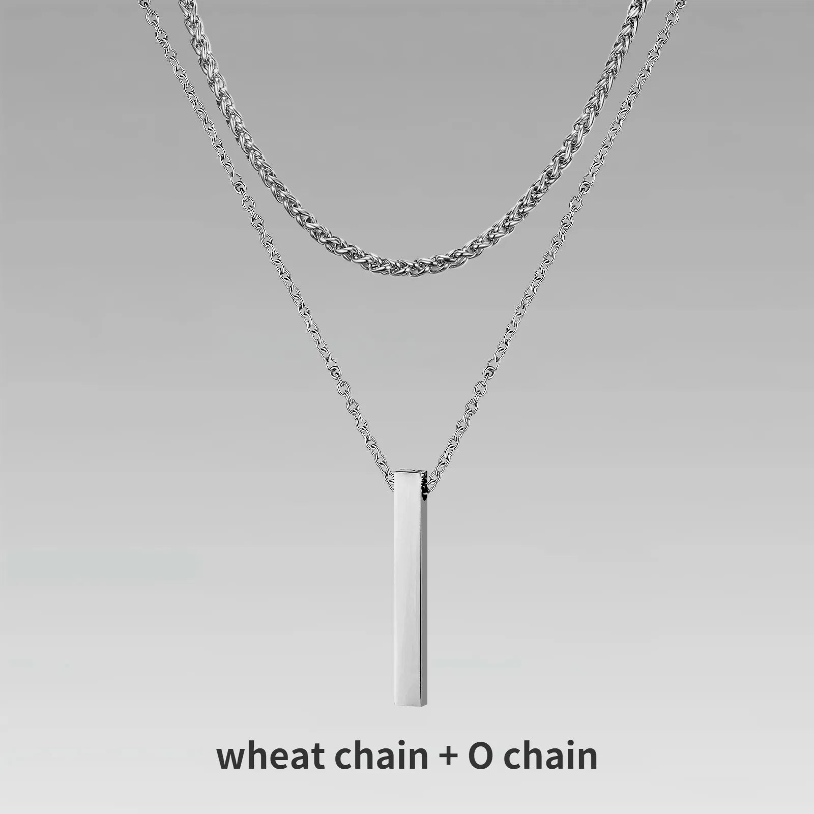 Vertical Bar Pendant Double Chain Necklaces for Men - Dagger & Diamond Silver Wheat + O Chain