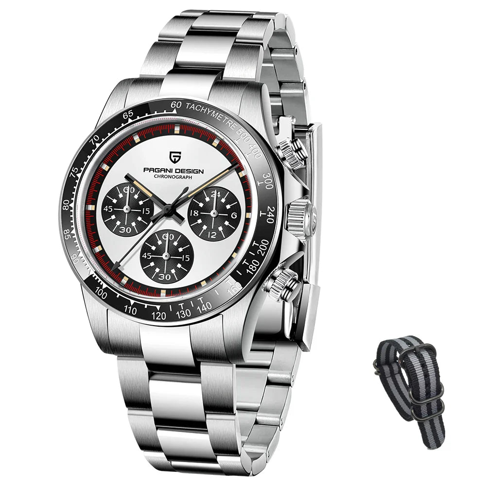 PAGANI DESIGN PD-1676 Luxury Chronograph Quartz Watch for Men - Dagger & Diamond Steel White