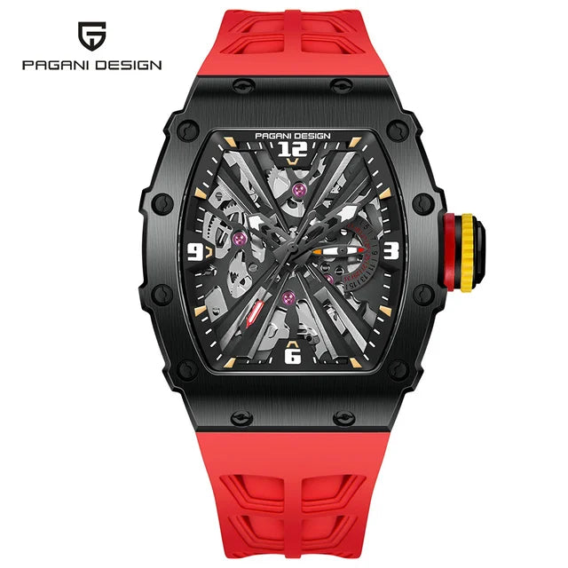 PAGANI DESIGN PD-1738 Tonneau Men's Luxury Quartz Watch - Dagger & Diamond Black Red