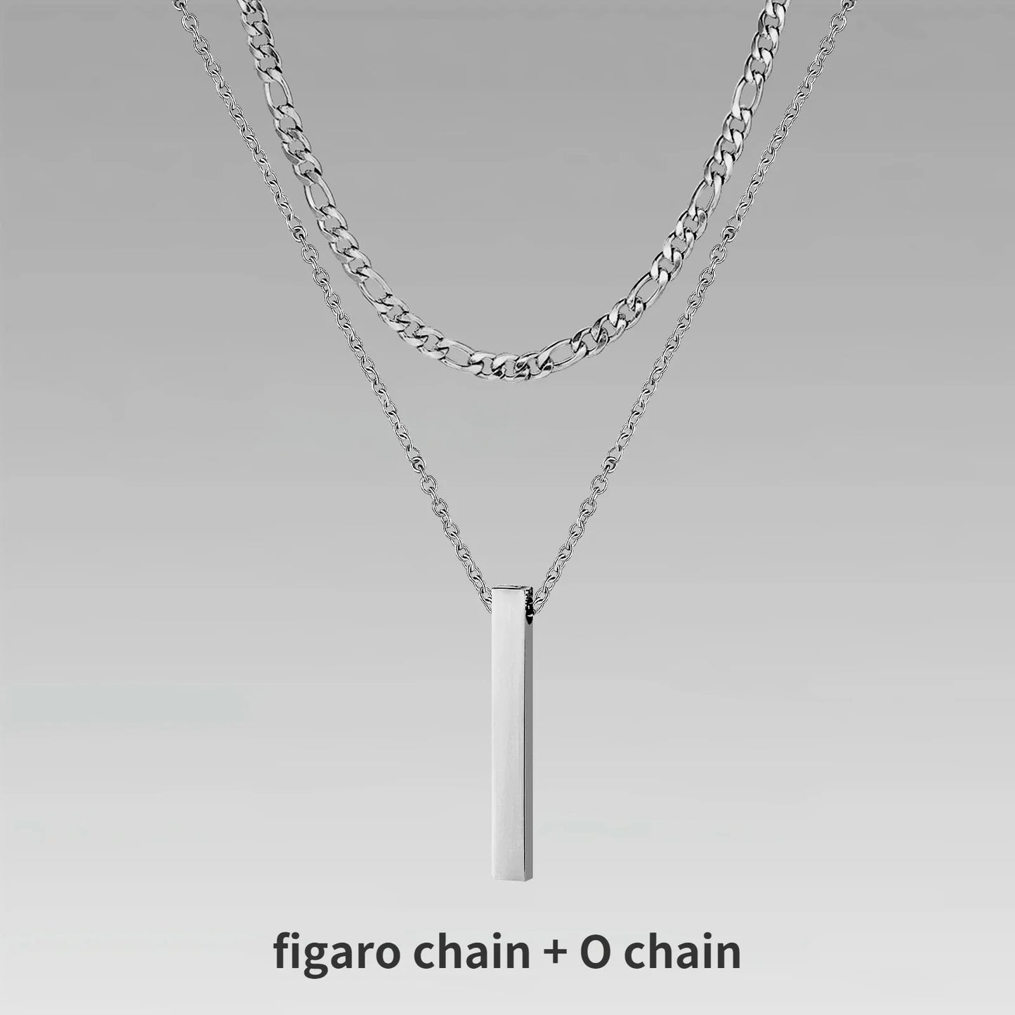 Vertical Bar Pendant Double Chain Necklaces for Men - Dagger & Diamond Silver Figaro + O Chain