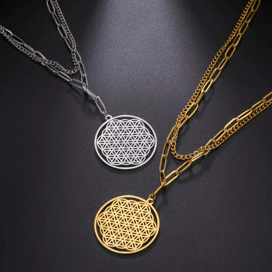 Flower of Life Pendant Paper Clip Curb Layered Necklaces - Dagger & Diamond