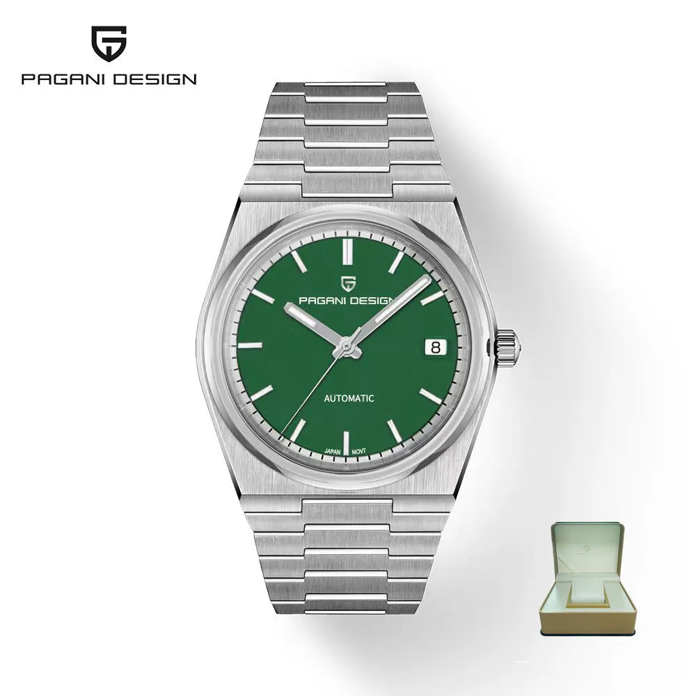 PAGANI DESIGN PD-1753 Luxury Sport Automatic Watch for Men - Dagger & Diamond Silver Green w/Gift Box