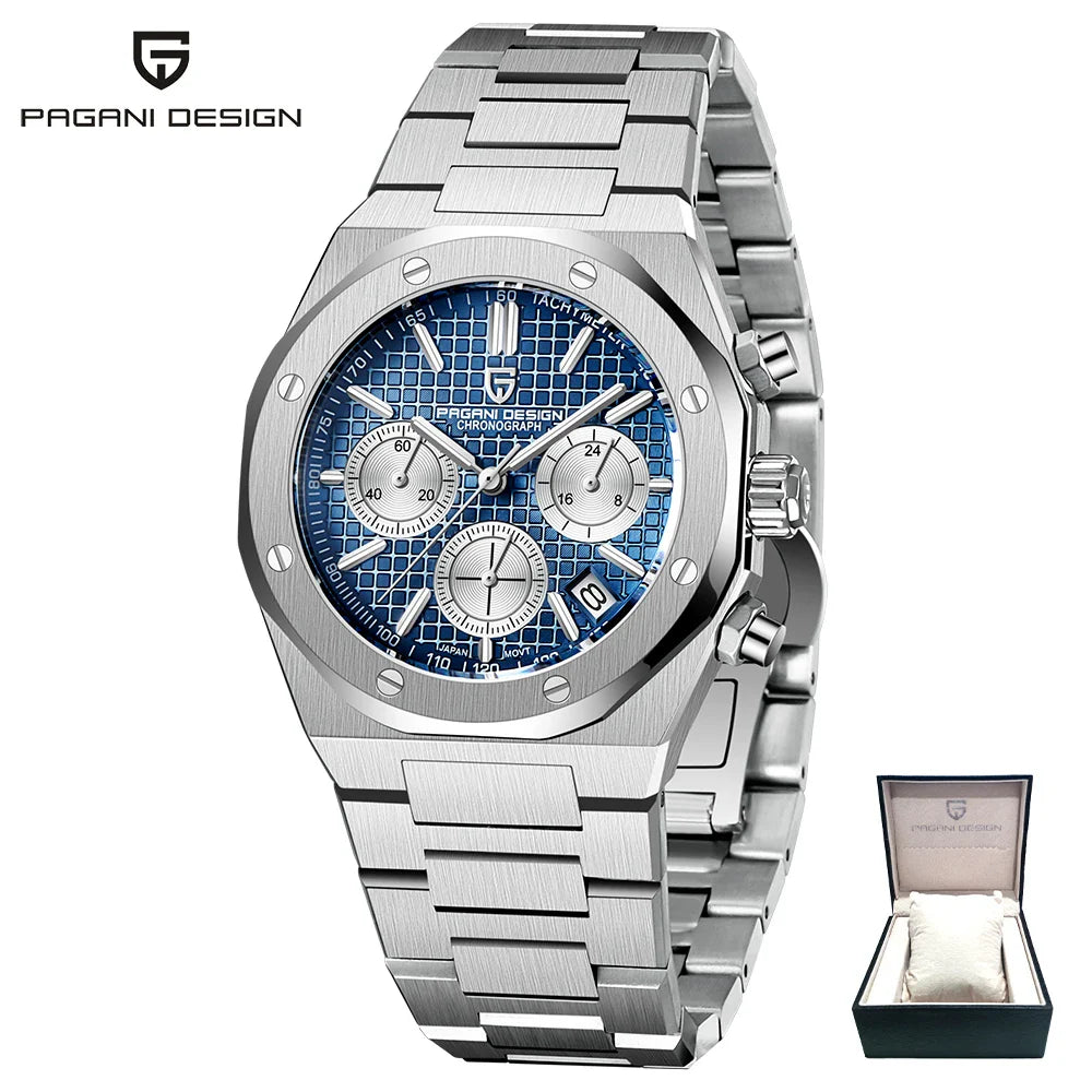 PAGANI DESIGN PD-1707 Royal Sport Luxury Quartz Watch for Men - Dagger & Diamond Silver Blue w/Gift Box