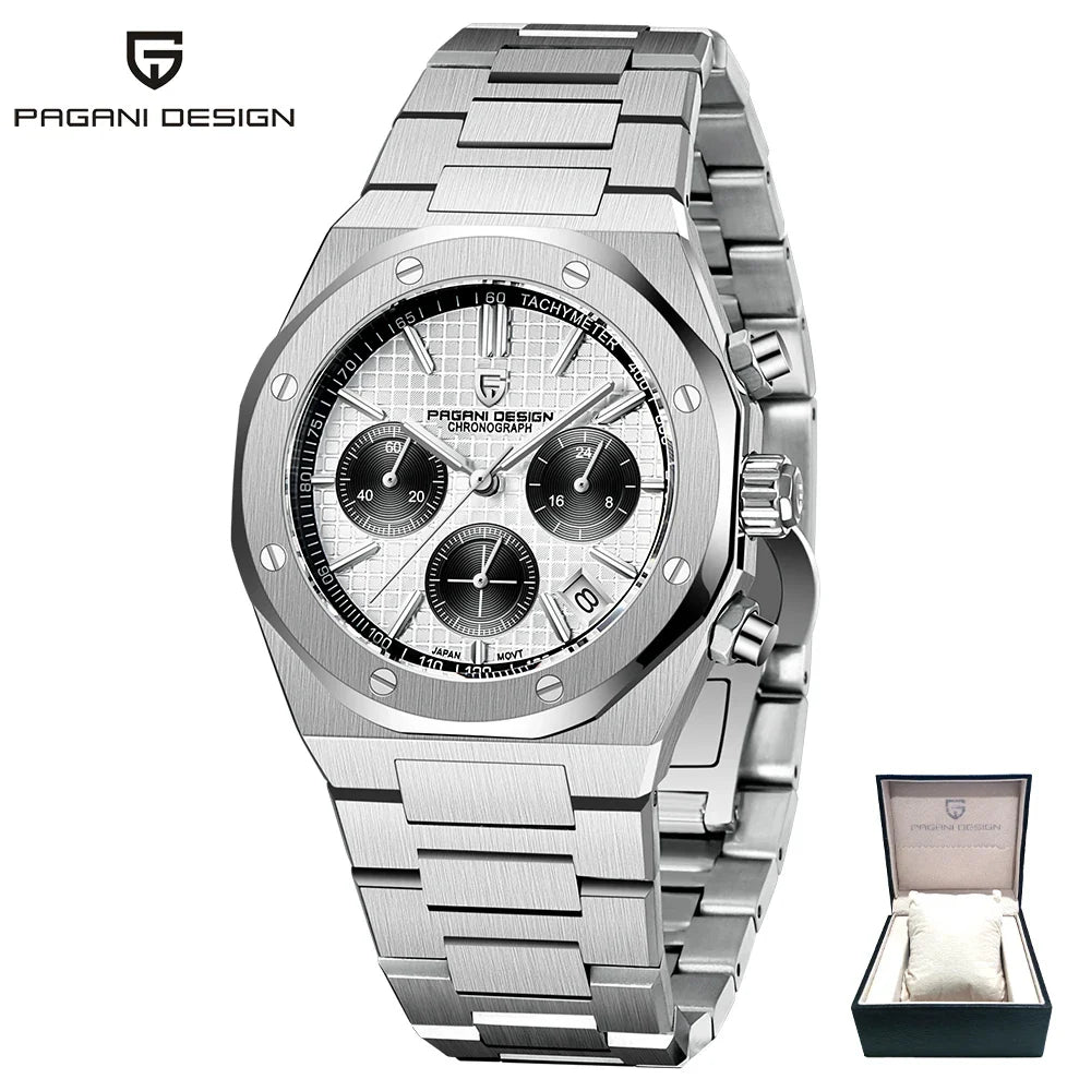 PAGANI DESIGN PD-1707 Royal Sport Luxury Quartz Watch for Men - Dagger & Diamond Silver White w/Gift Box