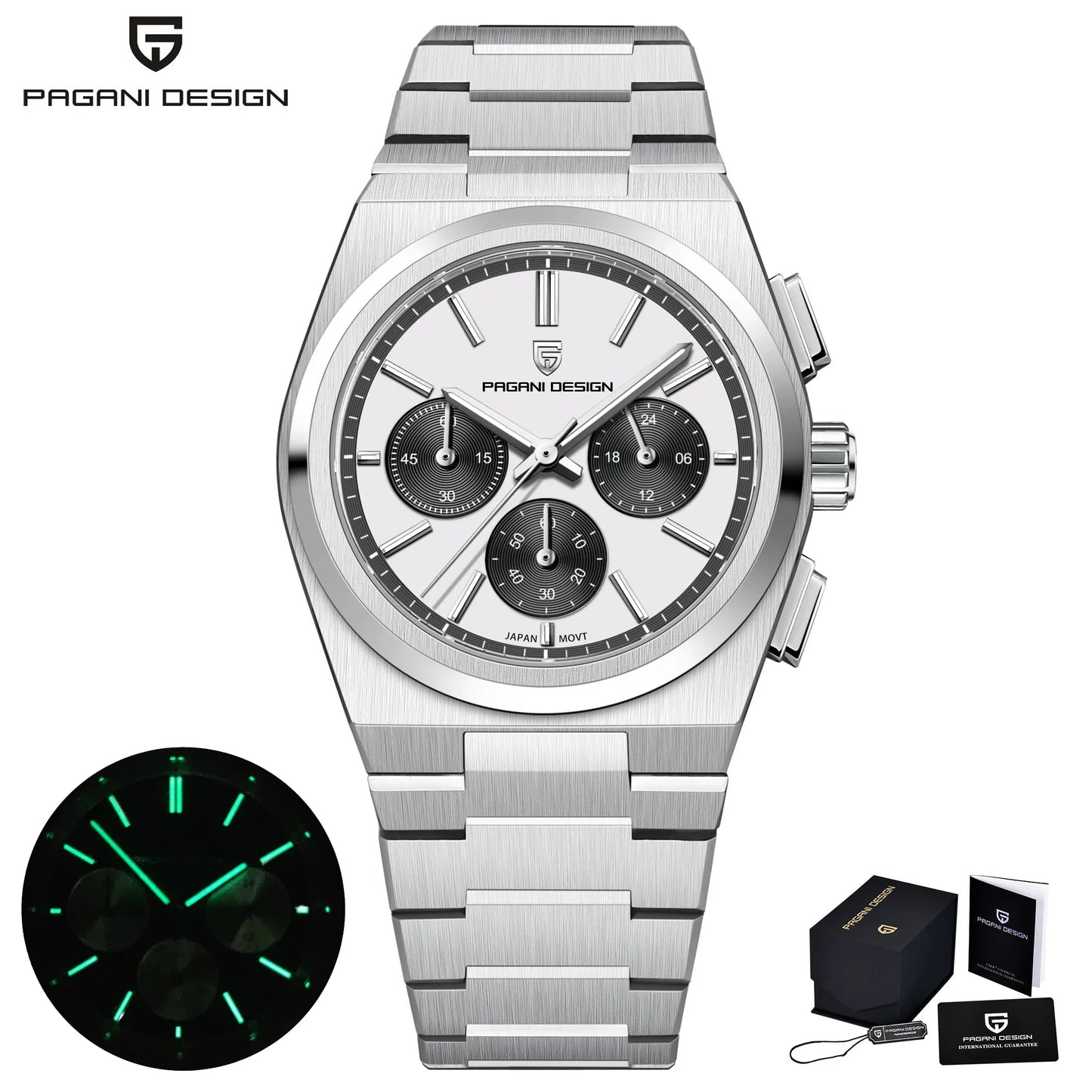 PAGANI DESIGN PD-1761 PDRX Quartz Chronograph Sport Watch for Men - Dagger & Diamond Silver White