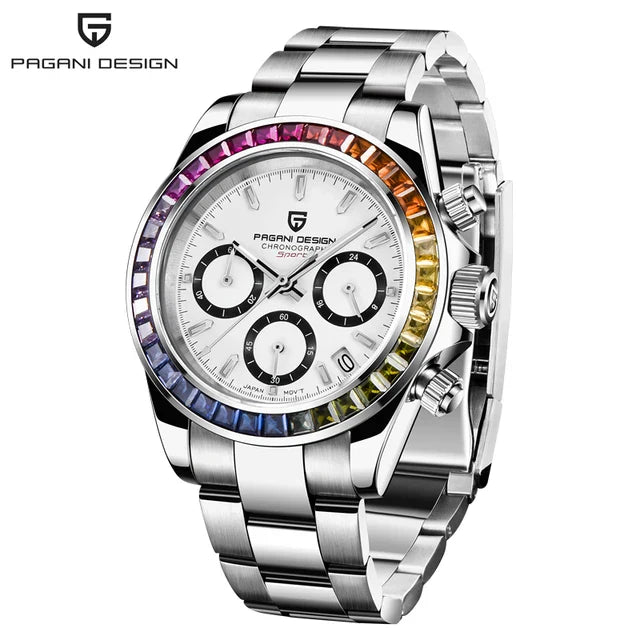 PAGANI DESIGN PD-1644 Rainbow Bezel Chronograph Sport Quartz Watch for Men - Dagger & Diamond White