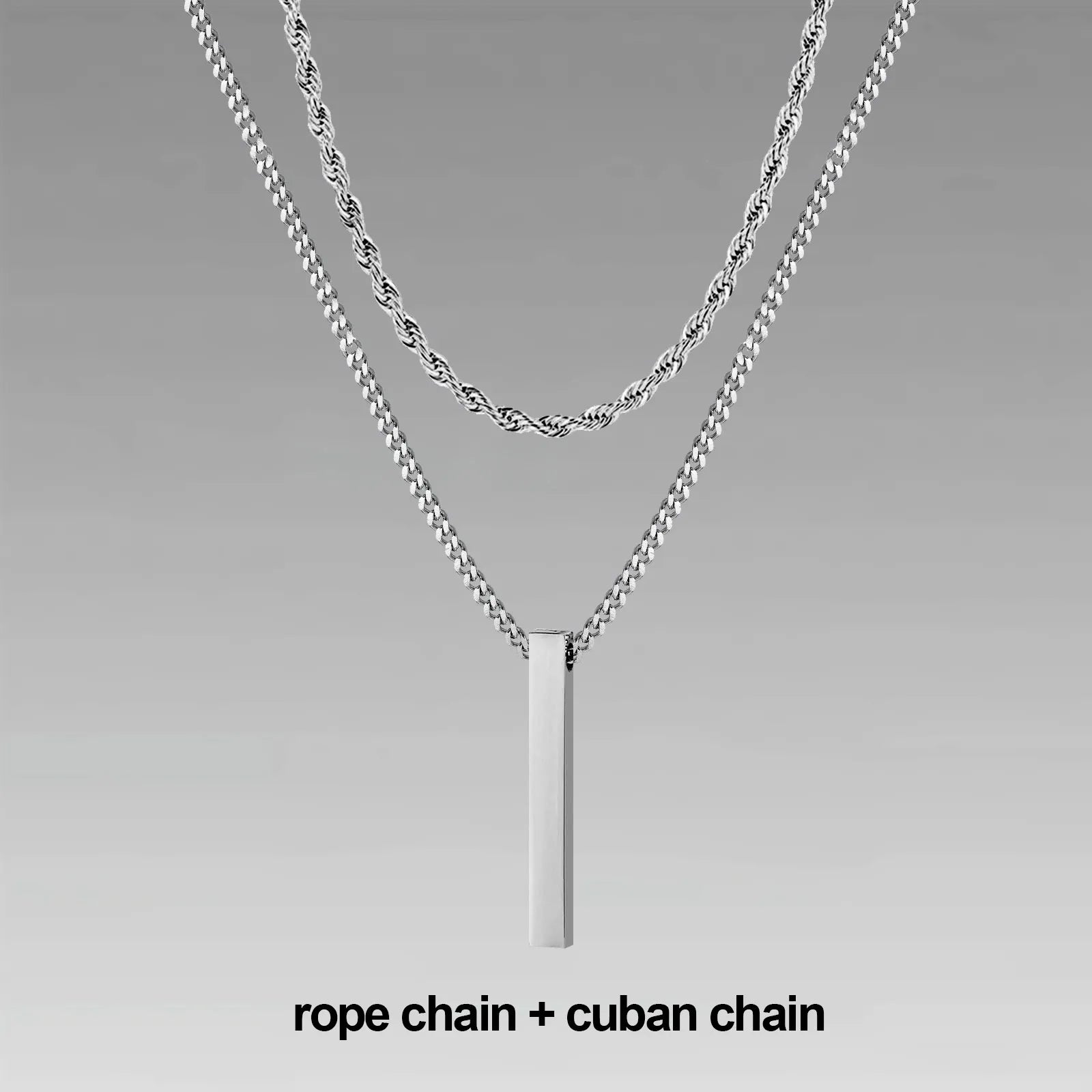 Vertical Bar Pendant Double Chain Necklaces for Men - Dagger & Diamond Silver Rope + Cuban