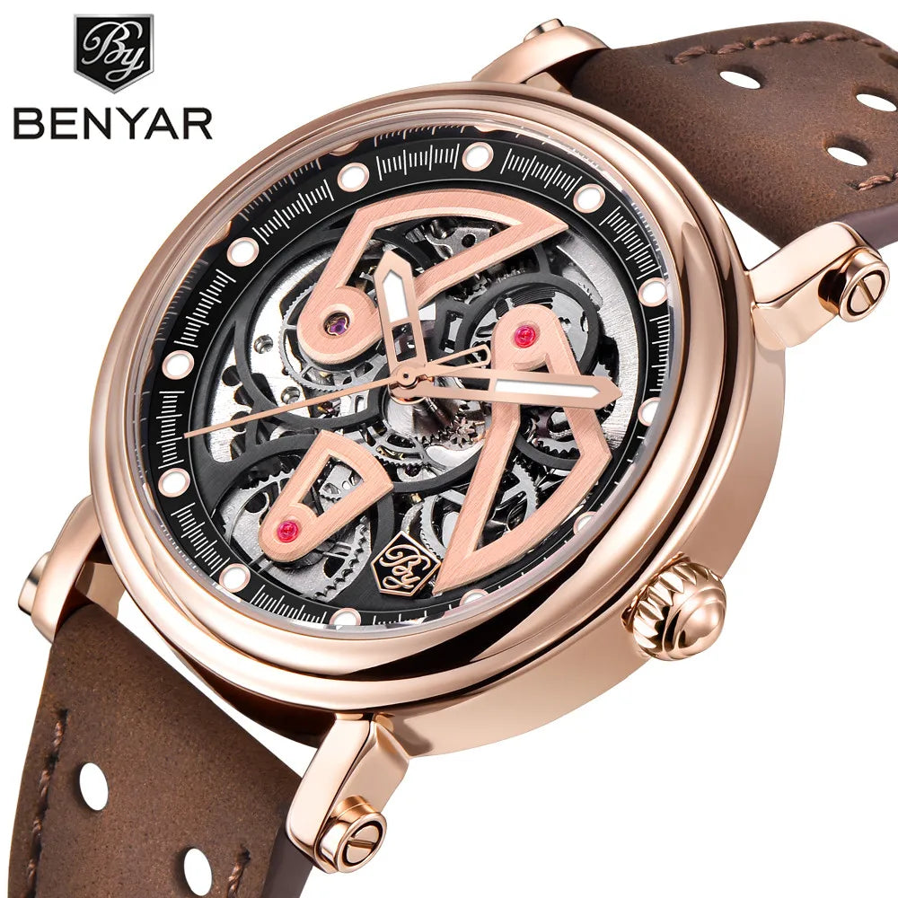 BENYAR BY-5202 Skeleton Automatic Watch for Men - Dagger & Diamond Rose Gold