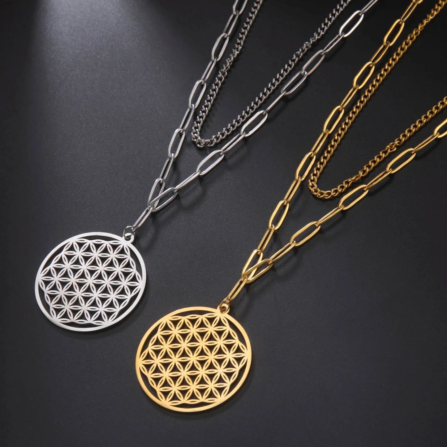 Flower of Life Pendant Paper Clip Curb Layered Necklaces - Dagger & Diamond