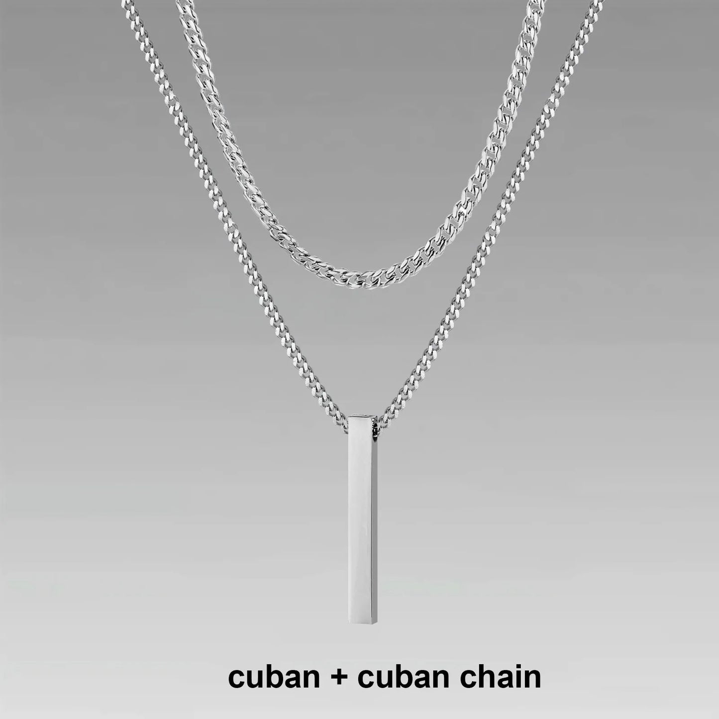 Vertical Bar Pendant Double Chain Necklaces for Men - Dagger & Diamond Silver Cuban + Cuban