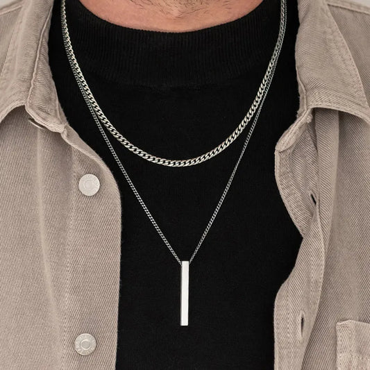 Vertical Bar Pendant Double Chain Necklaces for Men - Dagger & Diamond