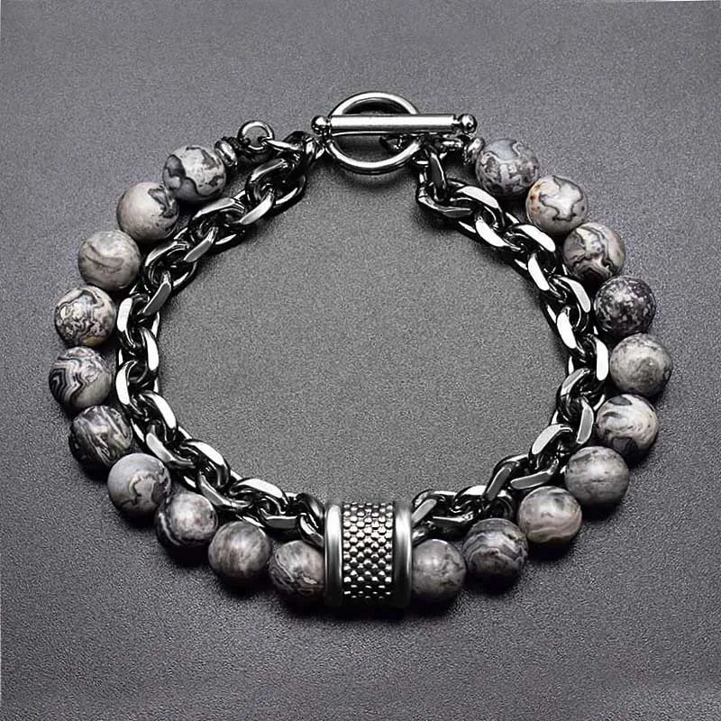 Stone & Steel Bracelets for Men - Dagger & Diamond Gray Stone