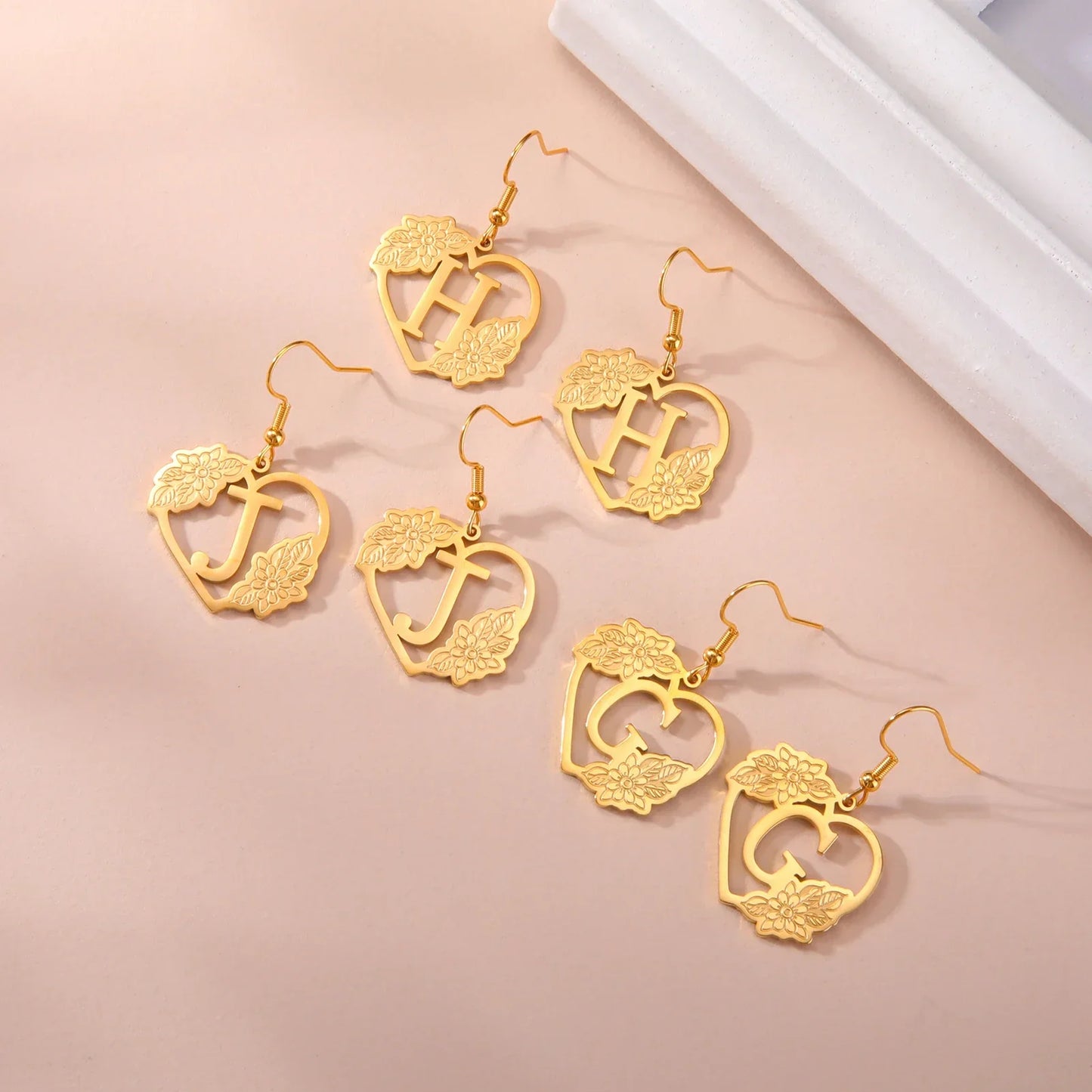 Dainty Heart Flower Initial Drop Earrings