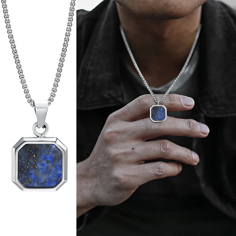 Geometric Square Pendant Necklaces for Men - Dagger & Diamond Blue Box Silver / 45cm 18inch