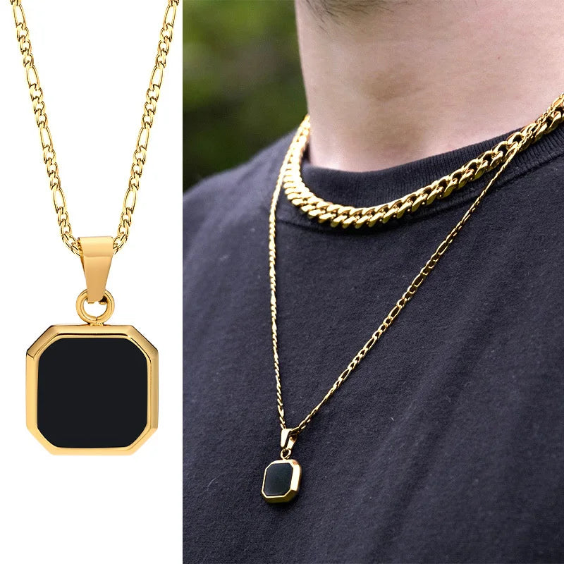 Geometric Square Pendant Necklaces for Men - Dagger & Diamond Black Figaro Gold / 45cm 18inch