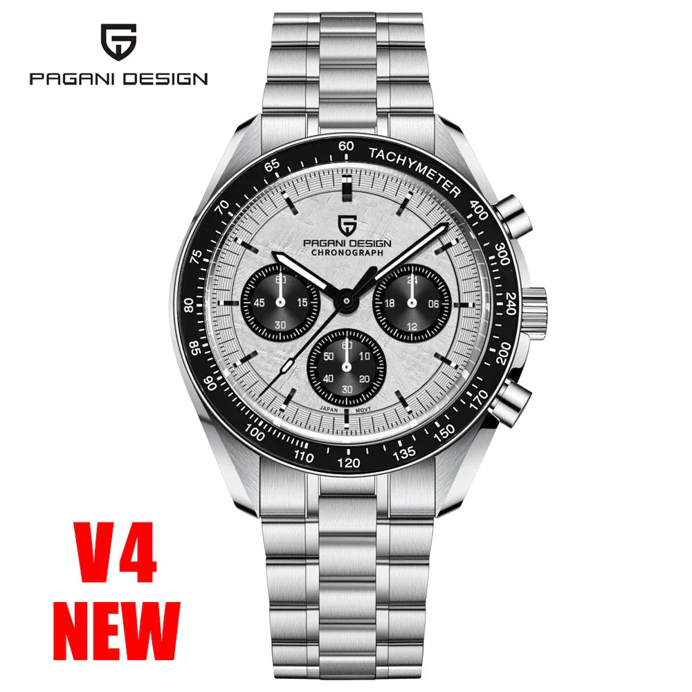 PAGANI DESIGN PD-1701 Moonwatch Luxury Chronograph Quartz Watch For Men - Dagger & Diamond Silver White