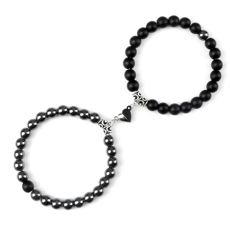 Magnetic Heart Natural Stone Bracelets - Dagger & Diamond Matte Hematite