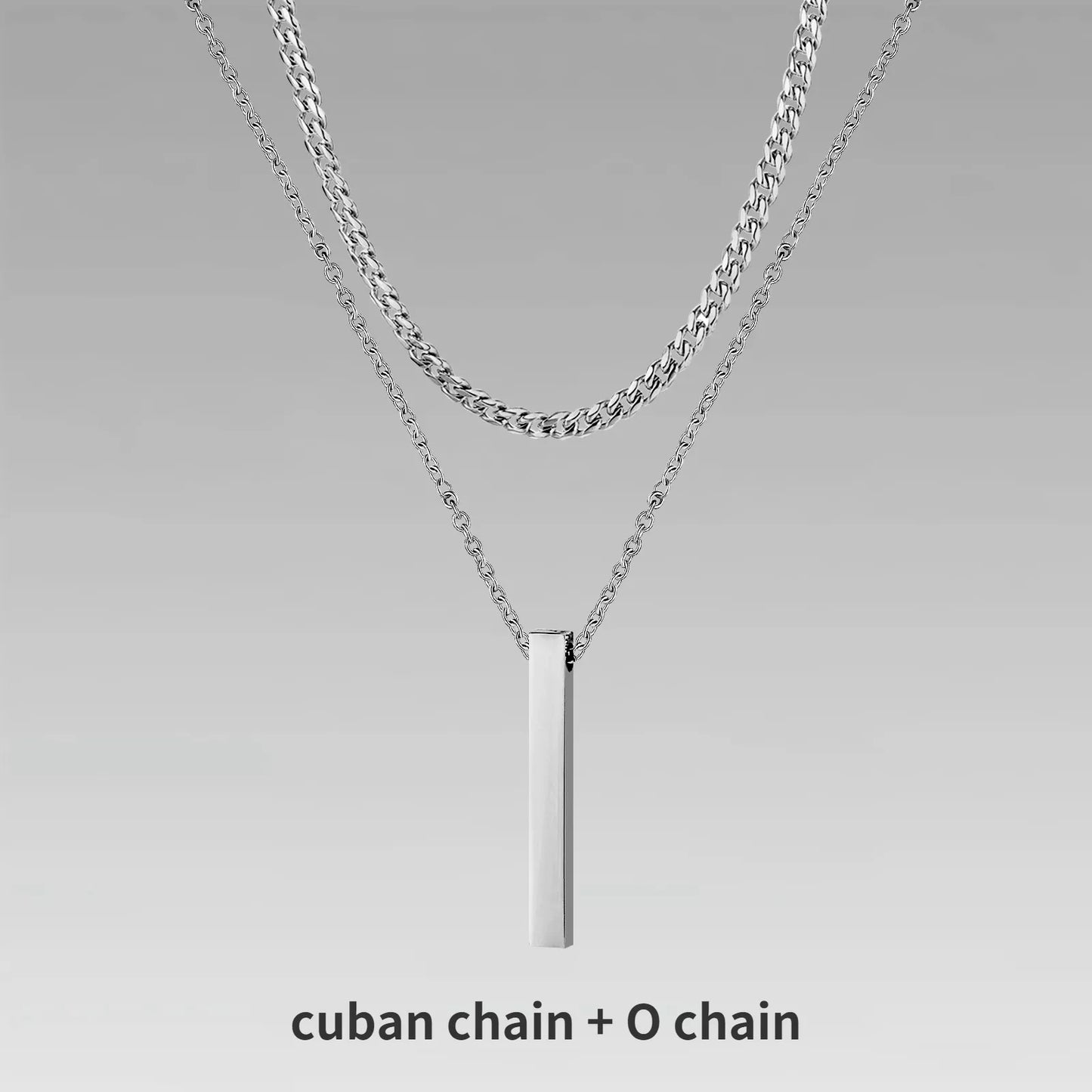 Vertical Bar Pendant Double Chain Necklaces for Men - Dagger & Diamond Silver Cuban + O Chain