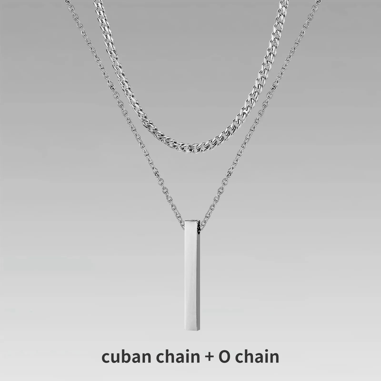 Vertical Bar Pendant Double Chain Necklaces for Men - Dagger & Diamond Silver Cuban + O Chain