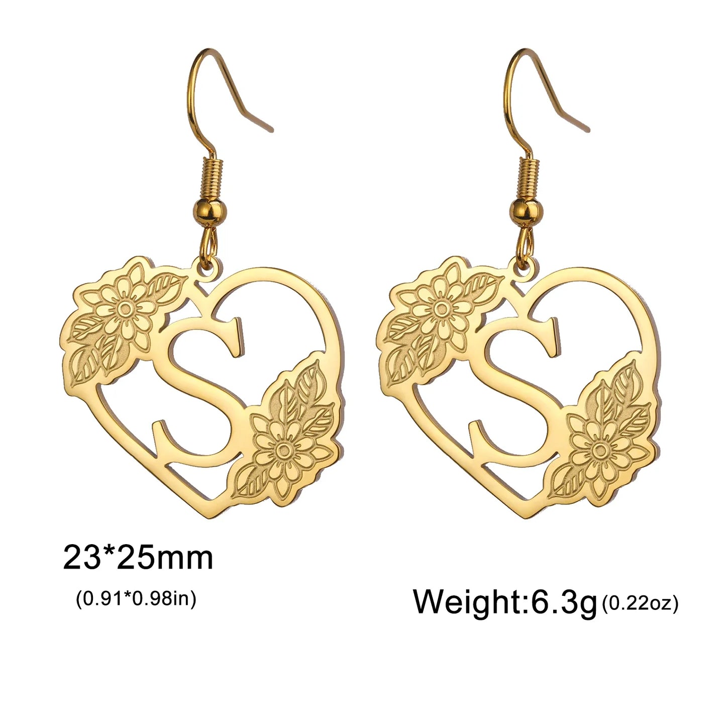 Dainty Heart Flower Initial Drop Earrings