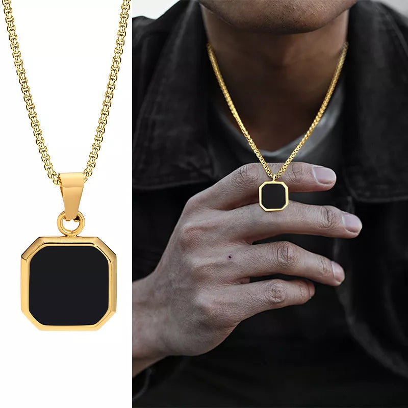 Geometric Square Pendant Necklaces for Men - Dagger & Diamond Black Box Gold / 45cm 18inch